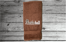 Load image into Gallery viewer, Brown Pickleball sports hand towel,  terry towel soft and absorbent 16&quot; x 27&quot;, custom embroidered design, personalized sweat towel great gift for the whole teem. Wonderful gift for the active player you know - Borgmanns Creations 
