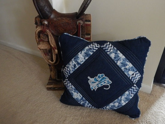 Farmhouse pillow cover blue and white - cowboy hat, blanket and rope - pillow will make the perfect decor for farmhouse or country living - blue denim material, embroidered and quilted, piping around edge, blue and white backing - 20" x 20" - custom wedding gift for the new couple - Borgmanns Creations 3-
