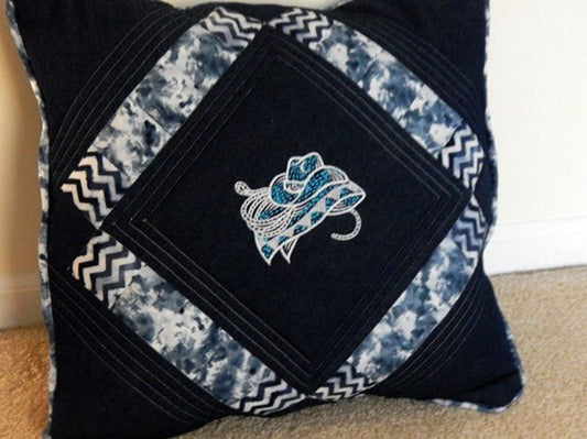 Farmhouse pillow cover blue and white - cowboy hat, blanket and rope - pillow will make the perfect decor for farmhouse or country living - blue denim material, embroidered and quilted, piping around edge, blue and white backing - 20" x 20" - custom wedding gift for the new couple - Borgmanns Creations 1