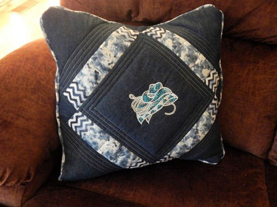Farmhouse pillow cover blue and white - cowboy hat, blanket and rope - pillow will make the perfect decor for farmhouse or country living - blue denim material, embroidered and quilted, piping around edge, blue and white backing - 20" x 20" - custom wedding gift for the new couple - Borgmanns Creations 5