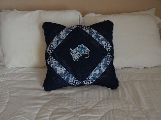 Farmhouse pillow cover blue and white - cowboy hat, blanket and rope - pillow will make the perfect decor for farmhouse or country living - blue denim material, embroidered and quilted, piping around edge, blue and white backing - 20" x 20" - custom wedding gift for the new couple - Borgmanns Creations 2