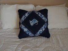 Load image into Gallery viewer, Farmhouse pillow cover blue and white - cowboy hat, blanket and rope - pillow will make the perfect decor for farmhouse or country living - blue denim material, embroidered and quilted, piping around edge, blue and white backing - 20&quot; x 20&quot; - custom wedding gift for the new couple - Borgmanns Creations 2
