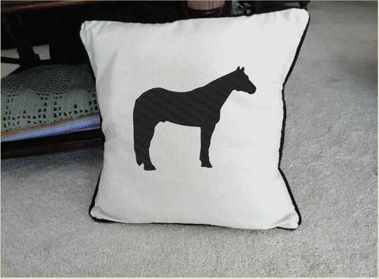  Quarter Horse pillow cover, embroidered Quarter Horse silhouette design, beige (natural color), beige backing (natural color), black piping around edge, 20" x 20" or 18" x 18", makes the perfect home decor for the farmhouse or country living. Custom wedding gift for the new couple - Borgmanns Creations 