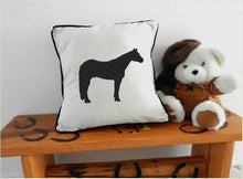 Load image into Gallery viewer,  Quarter Horse pillow cover, embroidered Quarter Horse silhouette design, beige (natural color), beige backing (natural color), black piping around edge, 20&quot; x 20&quot; or 18&quot; x 18&quot;, makes the perfect home decor for the farmhouse or country living. Custom wedding gift for the new couple - Borgmanns Creations 
