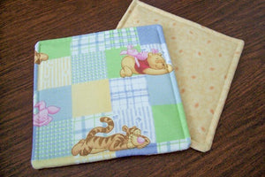 Pot Holder Set, 2 layers of Insul-Bright in the center of unbleached muslin, 8" x 8" Winnie the Pooh pattern to lighten up your kitchen decor, gift for mom who's family likes cartoon characters. Housewarming gift, home decor - Borgmanns Creations 