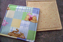 Load image into Gallery viewer, Pot Holder Set, 2 layers of Insul-Bright in the center of unbleached muslin, 8&quot; x 8&quot; Winnie the Pooh pattern to lighten up your kitchen decor, gift for mom who&#39;s family likes cartoon characters. Housewarming gift, home decor - Borgmanns Creations 
