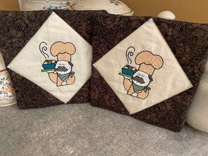 Pot holder set, 2 layers of Insul-Bright in the center, diamond shaped unbleached muslin with embroidered chef design,  brown floral pattern around design and on the back  7" x 7", great gift for mom's farmhouse kitchen decor, embroidered for the cook at the outdoor BBQ pit, or the chef indoors - Borgmanns Creations 