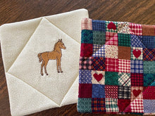 Load image into Gallery viewer,  Pot holder set, western embroidered horse design on one side, design of small squares country decor, 2 layers of Insul-Bright in the center of quality cotton material, 7 1/2&quot; x 7 1/2&quot;, for the cook at the outdoor BBQ pit, or the chef indoors. Just the gift for the farmhouse kitchen decor - Borgmanns Creations 
