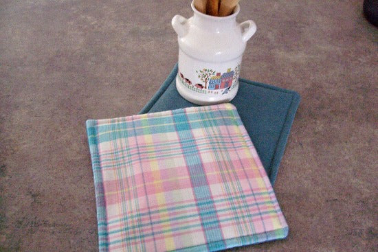 Blue pink potholder set - country kitchen decor - blue and pink strip design - for the chef  outdoor BBQ pit -  cook indoors - housewarming gift, birthday or holiday gift - 2 layers of Insul-Bright in the center - pot holder size: 8" x 8"- Borgmanns Creations 2