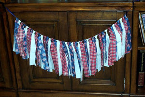 American fabric garland banner - 6'  colorful strips 10" long -1' tie off at each end - party supplies - holiday dcorations -  birthday surprise party - Borgmanns Creations 1