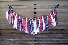Load image into Gallery viewer, American fabric garland banner - 6&#39;  colorful strips 10&quot; long -1&#39; tie off at each end - party supplies - holiday dcorations -  birthday surprise party - Borgmanns Creations 2
