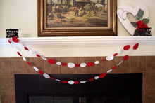 Load image into Gallery viewer, Holiday garland banner decoration for celebrating Valentines Day, Mothers Day or just a great decoration for any party - red and white felt ovals sewn together to made into a banner - there is 2ft of tie off at each end - Borgmanns Creations - 1
