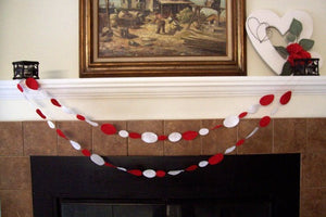 Holiday garland banner decoration for celebrating Valentines Day, Mothers Day or just a great decoration for any party - red and white felt ovals sewn together to made into a banner - there is 2ft of tie off at each end - Borgmanns Creations - 1