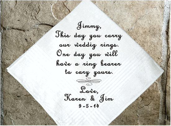 Ring bearer gift -  embroidered cotton handkerchief with satin stripes 16" x 16" - keepsake from the bride and groom, a groomsmen present. A special gift for the one who was asked to carry the wedding rings on your wedding day - Borgmanns Creations -