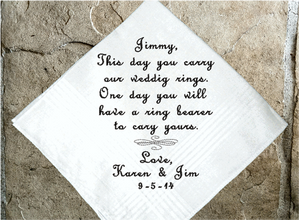 Ring bearer gift -  embroidered cotton handkerchief with satin stripes 16" x 16" - keepsake from the bride and groom, a groomsmen present. A special gift for the one who was asked to carry the wedding rings on your wedding day - Borgmanns Creations -