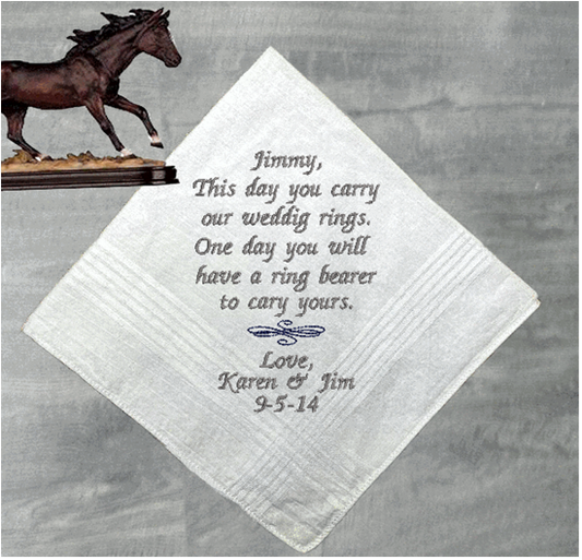 Ring bearer gift -  embroidered cotton handkerchief with satin stripes 16" x 16" - keepsake from the bride and groom, a groomsmen present. A special gift for the one who was asked to carry the wedding rings on your wedding day - Borgmanns Creations 