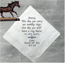 Load image into Gallery viewer, Ring bearer gift -  embroidered cotton handkerchief with satin stripes 16&quot; x 16&quot; - keepsake from the bride and groom, a groomsmen present. A special gift for the one who was asked to carry the wedding rings on your wedding day - Borgmanns Creations 
