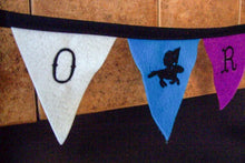 Load image into Gallery viewer, Rodeo rider banner, 11 flags each 3 1/2&quot; x 4 1/2&quot;, soft felt sewn to bias tape, flag with a flag rider separates the words, embroidered letters, flag section is 44&quot; and there is 2 ft of black bias tape on each side for tying, wall decor to show off your trophies or great for the kids room - Borgmanns Creations 
