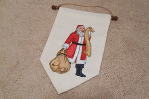 White Christmas Santa wall hanging banner - backing of polyester material - embroidered Santa with scroll and bag - hung on dowel stick and hung with jute  - Borgmanns Creations 1