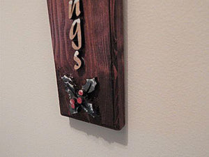 Seasons Greetings wall hanging - Christmas decor gift for mom - wood wall plaque - laser cut lauan wood glued to a 1" beveled edge wood with mahogany stain, hanging hook on back - housewarming gift teacher gift - gift for a coworker - 20" x 3 1/2" - Borgmanns Creations