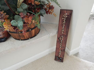 Seasons Greetings wall hanging - Christmas decor gift for mom - wood wall plaque - laser cut lauan wood glued to a 1" beveled edge wood with mahogany stain, hanging hook on back - housewarming gift teacher gift - gift for a coworker - 20" x 3 1/2" - Borgmanns Creations