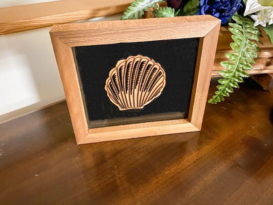 3D Shadow Box sea shell design -  nautical theme gift for the lake home - Laser cut form luan wood and placed in between a black piece of acrylic an a clear piece of acrylic -  framed with 1" wood - 7" x 8" - Borgmanns Creations 