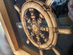 Sailing ship wheel - laser cut laun wood - with clear acrylic front and black acrylic backing in 1" wood frame - can hang or free stand - nautical decor - Borgmanns Creations 