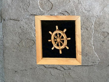 Load image into Gallery viewer, Sailing ship wheel - laser cut laun wood - with clear acrylic front and black acrylic backing in 1&quot; wood frame - can hang or free stand - nautical decor - Borgmanns Creations 
