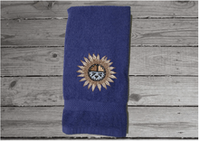Load image into Gallery viewer, Blue Southwest hand towel sun design - gift for her- country farmhouse decor - bathroom towel / kitchen decor-  housewarming gift - western decor gift - western party gift, wedding shower gift, etc. - personalized custom home decor gift - Borgmanns Creations 2
