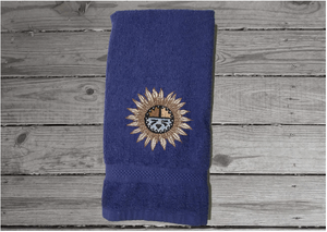 Blue Southwest hand towel sun design - gift for her- country farmhouse decor - bathroom towel / kitchen decor-  housewarming gift - western decor gift - western party gift, wedding shower gift, etc. - personalized custom home decor gift - Borgmanns Creations 2
