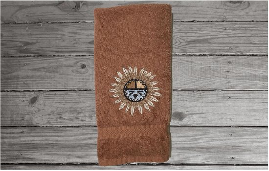 Brown Southwest hand towel sun design - gift for her- country farmhouse decor - bathroom towel / kitchen decor-  housewarming gift - western decor gift - western party gift, wedding shower gift, etc. - personalized custom home decor gift - Borgmanns Creations 4