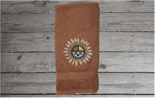 Load image into Gallery viewer, Brown Southwest hand towel sun design - gift for her- country farmhouse decor - bathroom towel / kitchen decor-  housewarming gift - western decor gift - western party gift, wedding shower gift, etc. - personalized custom home decor gift - Borgmanns Creations 4
