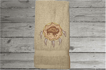 Load image into Gallery viewer, Beige hand towel dream catcher design embroidered hand towel a premium soft absorbent towel for a  gorgeous  bathroom decor. Gift for mom, friend, housewarming gift with a western theme. Terry towel 16&quot; x 27&quot; - Borgmanns Creations - 1
