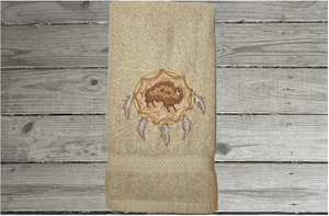 Beige hand towel dream catcher design embroidered hand towel a premium soft absorbent towel for a  gorgeous  bathroom decor. Gift for mom, friend, housewarming gift with a western theme. Terry towel 16" x 27" - Borgmanns Creations - 1