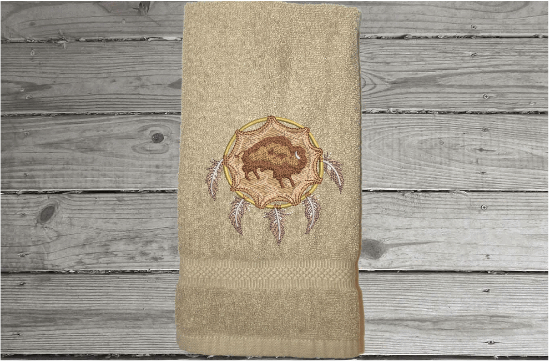 Beige hand towel dream catcher design embroidered hand towel a premium soft absorbent towel for a  gorgeous  bathroom decor. Gift for mom, friend, housewarming gift with a western theme. Terry towel 16