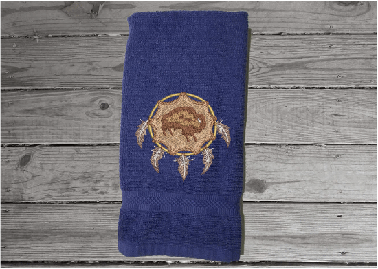 Blue hand towel dream catcher design embroidered hand towel a premium soft absorbent towel for a  gorgeous  bathroom decor. Gift for mom, friend, housewarming gift with a western theme. Terry towel 16" x 27" - Borgmanns Creations - 2