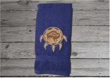 Load image into Gallery viewer, Blue hand towel dream catcher design embroidered hand towel a premium soft absorbent towel for a  gorgeous  bathroom decor. Gift for mom, friend, housewarming gift with a western theme. Terry towel 16&quot; x 27&quot; - Borgmanns Creations - 2
