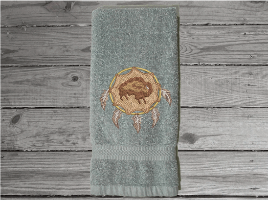 Gray hand towel dream catcher design embroidered hand towel a premium soft absorbent towel for a  gorgeous  bathroom decor. Gift for mom, friend, housewarming gift with a western theme. Terry towel 16" x 27" - Borgmanns Creations - 4