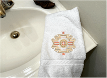 Load image into Gallery viewer, White Bath hand towel embroidered Southwest symbol - gift for the family with Southwest decor - home decor for bathroom or kitchen - housewarming gift, birthday gift or a wedding shower party gift - farmhouse decor - Borgmanns Creations 1
