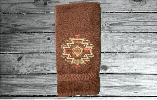 Brown hand towel, embroidered Southwest native Indian symbol on a terry towel,  soft and absorbent, 16" x 27", makes a nice addition for your bathroom home decor, kitchen for guest bath, also a great wedding shower gift, housewarming gift, birthday gift, etc. - Borgmanns Creations 