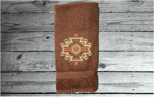 Brown hand towel, embroidered Southwest native Indian symbol on a terry towel,  soft and absorbent, 16" x 27", makes a nice addition for your bathroom home decor, kitchen for guest bath, also a great wedding shower gift, housewarming gift, birthday gift, etc. - Borgmanns Creations 
