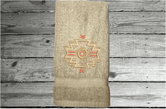 Beige hand towel, embroidered Southwest native Indian symbol on a terry towel,  soft and absorbent, 16" x 27", makes a nice addition for your bathroom home decor, kitchen for guest bath, also a great wedding shower gift, housewarming gift, birthday gift, etc. - Borgmanns Creations 