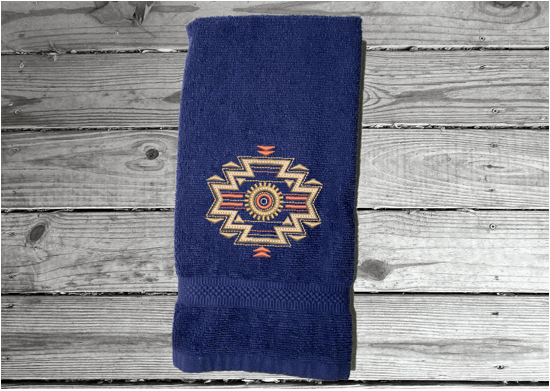 Blue hand towel, embroidered Southwest native Indian symbol on a terry towel,  soft and absorbent, 16" x 27", makes a nice addition for your bathroom home decor, kitchen for guest bath, also a great wedding shower gift, housewarming gift, birthday gift, etc. - Borgmanns Creations 