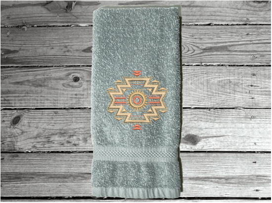 Gray hand towel, embroidered Southwest native Indian symbol on a terry towel,  soft and absorbent, 16" x 27", makes a nice addition for your bathroom home decor, kitchen for guest bath, also a great wedding shower gift, housewarming gift, birthday gift, etc. - Borgmanns Creations 