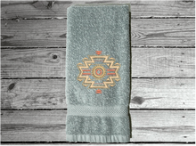 Load image into Gallery viewer, Gray hand towel, embroidered Southwest native Indian symbol on a terry towel,  soft and absorbent, 16&quot; x 27&quot;, makes a nice addition for your bathroom home decor, kitchen for guest bath, also a great wedding shower gift, housewarming gift, birthday gift, etc. - Borgmanns Creations 
