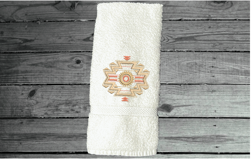 White hand towel, embroidered Southwest native Indian symbol on a terry towel,  soft and absorbent, 16" x 30", makes a nice addition for your bathroom home decor, kitchen for guest bath, also a great wedding shower gift, housewarming gift, birthday gift, etc. - Borgmanns Creations 