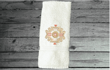 Load image into Gallery viewer, White hand towel, embroidered Southwest native Indian symbol on a terry towel,  soft and absorbent, 16&quot; x 30&quot;, makes a nice addition for your bathroom home decor, kitchen for guest bath, also a great wedding shower gift, housewarming gift, birthday gift, etc. - Borgmanns Creations 
