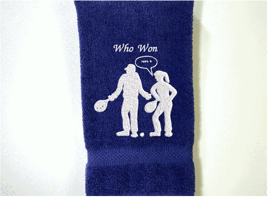 Blue sports hand towel, embroidered terry towel, soft and absorbent, 16" x 27", gift for your partner in the game of pickleball. Cute custom design for the hard pickleball player - home decor bathroom or kitchen gift. - Borgmanns Creations 