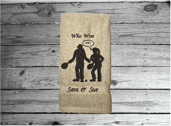 Beige sports hand towel, embroidered terry towel, soft and absorbent, 16" x 27", gift for your partner in the game of pickleball. Cute custom design for the hard pickleball player - home decor bathroom or kitchen gift. - Borgmanns Creations 