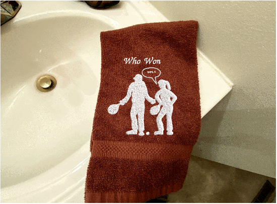 Brown sports hand towel, embroidered terry towel, soft and absorbent, 16" x 27", gift for your partner in the game of pickleball. Cute custom design for the hard pickleball player - home decor bathroom or kitchen gift. - Borgmanns Creations 